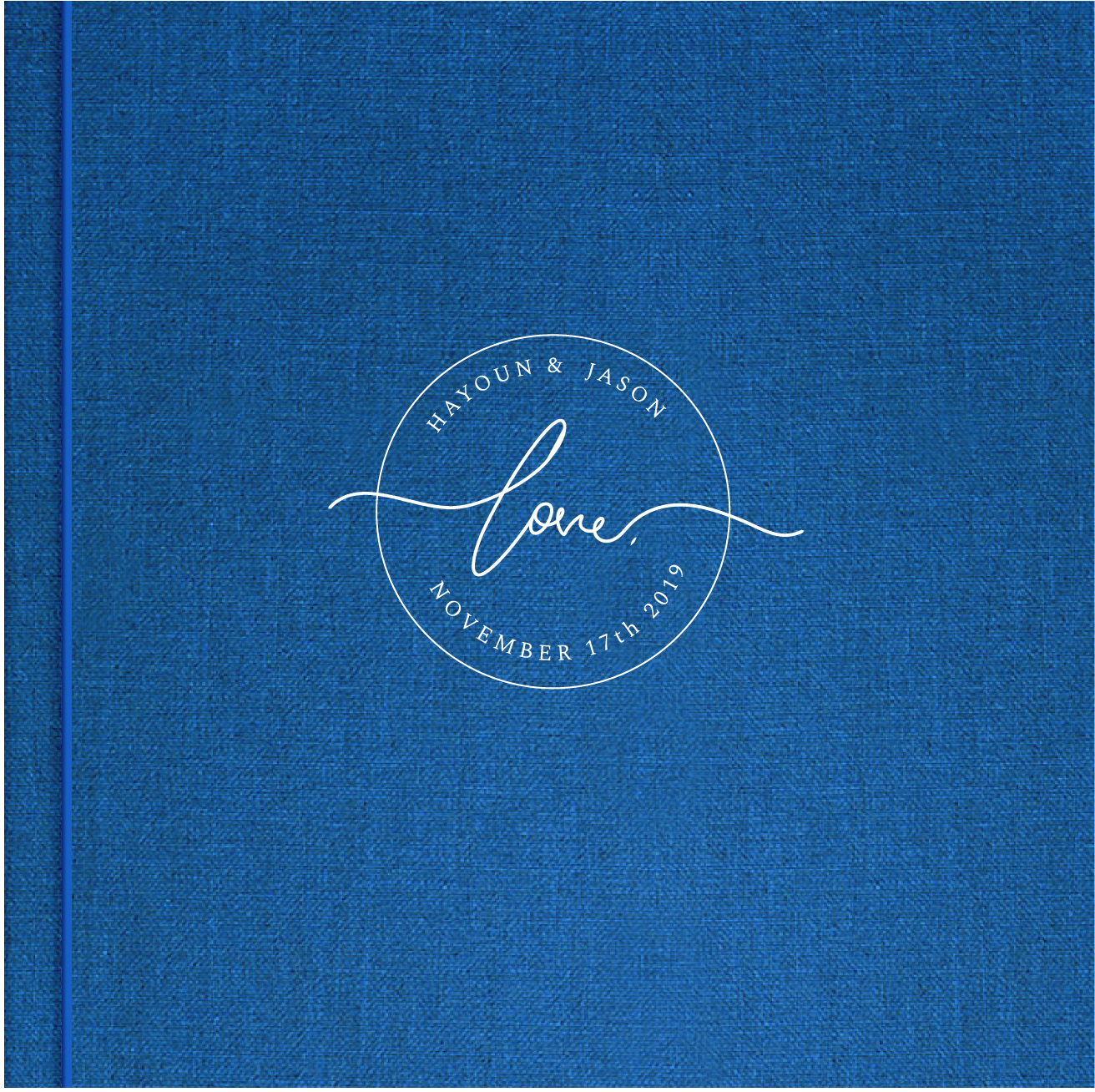 Custom wedding album cover with love etched on linen