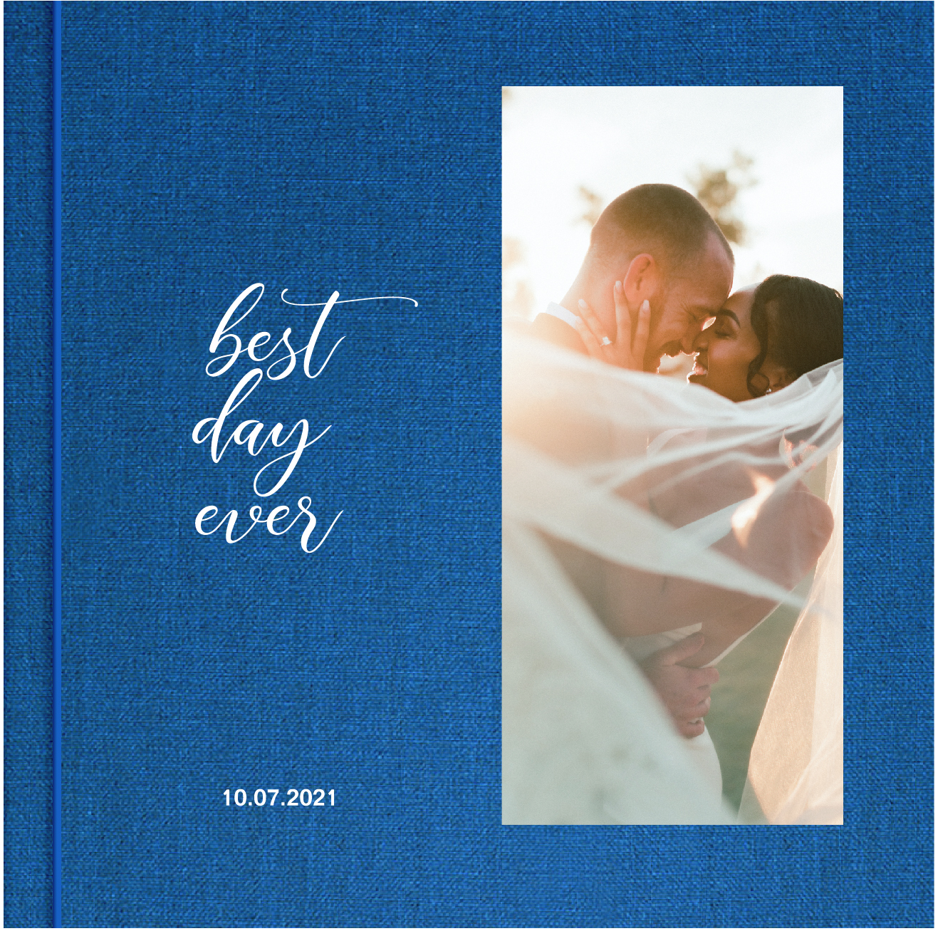 Linen wedding album with cutout photo cover
